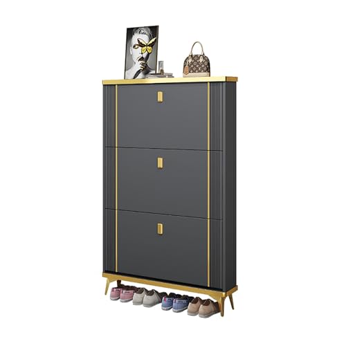 Zapatero estrecho con patas de metal, organizador de zapatos independiente con puertas abatibles, estante de almacenamiento para entrada, pasillo y muebles de sala de estar