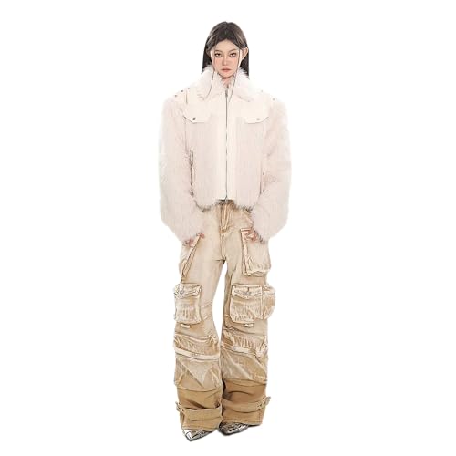 Dawery Multi-Pocket Cargo Jeans for Women Winter Casual Loose Floor Length Wide Leg Denim Pants Tide Trouser