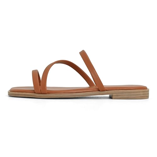 Image of LACUONE Strappy Flat Sandals For Women Slip On Square Open Toe Slides Sandals