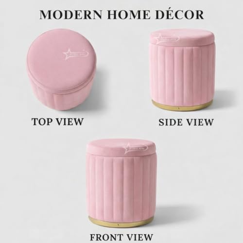 Image of Round Strip Stool with Cushion Foot Rest Office Stool Pouf Ottoman Padded Seat in Living Room - Pink