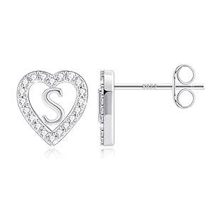 Anoup Heart Initial Stud Earrings – Gifts for Girls, Sterling Silver Post 14K Gold Plated All Over Hypoallergenic | CZ Simulated Diamond Stud Earrings | Birthday Gifts for Kids Toddlers Daughter