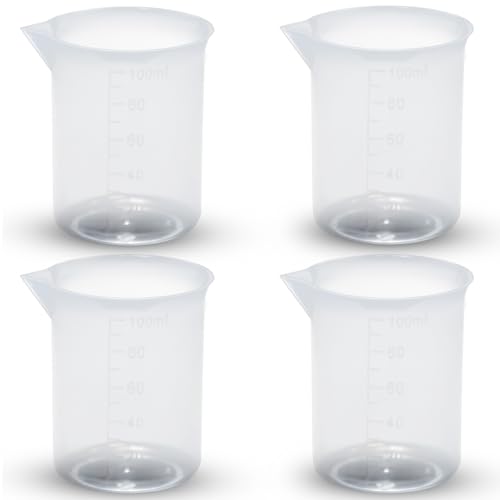 Lot de 4 petits verres à mesurer transparents de 100 ml - Verre gradué en plastique pour liquide, laboratoire, maison, cuisine, pâtisserie