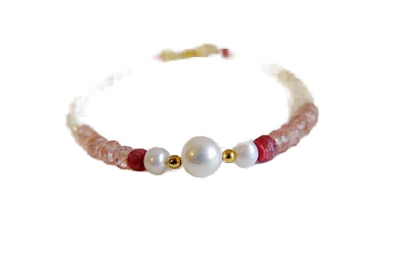 Bracelet perles de culture quartz rose rubis durable avec fermoir sécurisé plaqué or