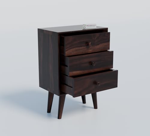 Image of Jangid Handicraft Solid Sheesham Wood Bedside Table for Bedroom | Wooden Bed Side Nightstand End Table with 3 Drawer Storage for Home & Living Room | Sofa Side Table | Rosewood, Walnut Finish