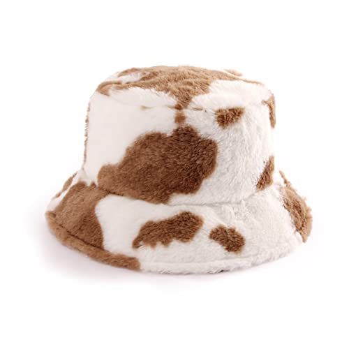 HATONHINT Winter Plush Bucket Hat Women Men Warm Faux Fur Fisherman Hats (Cow Print Brown)