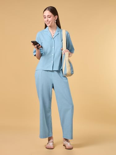Image of Women's Solid Co-ord Set | Relaxed Fit Shirt & Pant Set | Soft Cotton-Linen Fabric | Casual & Travel Wear