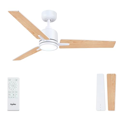 Newday 122cm Ventilador de Techo Madera con Luz y Mando, Reversibles 3 MDF Aspas, Silencioso DC Motor, Lámpara Iluminación Dimmer, 3 Temporizadores para Dormitorio Camera da Letto Cucina Terrazza