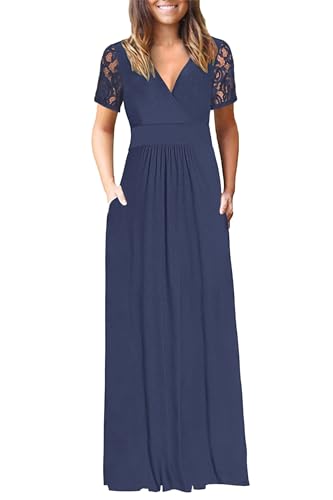 Image of AUSELILY Maxi Dresses for Women Summer Lace Short Sleeve V Neck Wrap Dress | Lace Short Sleeve, Two Pockets, V-Neck Wrap Waist Long Dress