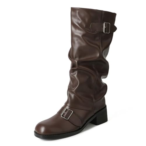 Image of Goolita Women's Buckle Biker Knee High Boots Square Toe Chunky Heel Star Moto Mid Calf Boots Slip On Motorcycle Riding Boot