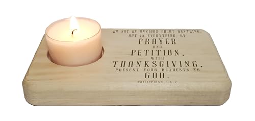 Christ Gift Spiritual Bible Verse Wood Tea Light Candle Holder with Philippians Bible Verse (Philippians 4:6-7) Christian Gift Home Decor