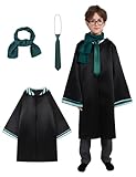 Luckrizyy Children's Wizard Robe Costume Set with Magic Tie - Deluxe Themed Party Outfit for Halloween, Cosplay, Magic Shows for Kids and Toddlers Green 4-6 Years
