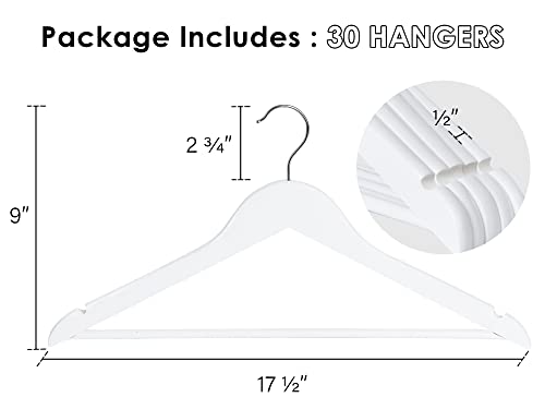 StorageWorks White Wooden Hangers, 30 Pack Wood Hanger for Closet, Coat Hangers for Coats, Shirts, Pants, Bridesmaid Suits, Wedding Dress