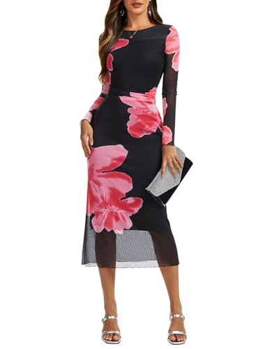 Dressystar Women’s Long Sleeve Maxi Wedding Guest Dress 2026 Spring Ruched Floral Mesh Bodycon Formal Cocktail Party Dresses Black Pink Flower Size XL