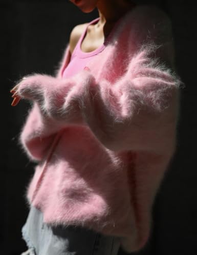 Image of Arssm Womens Fuzzy Cardigan Sweater V Neck Sweaters Fluffy Top
