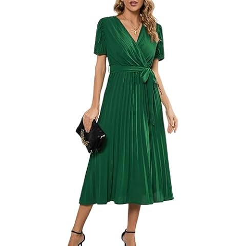 LERENSHA Women's Wrap V Neck Puff Short Sleeve Elastic Waist Pleated Wedding Guest Long Dress 2024 Green Cover