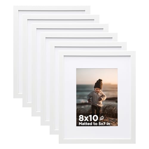 KINLINK 8x10 Picture Frame White Set of 6 Wooden Photo Frames Matted 5x7 with Plexiglass for 5x7 with Mat or 8x10 without Mat for Table and Wall Display