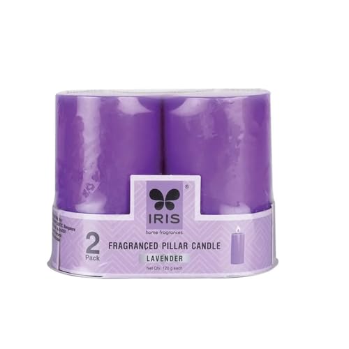 Image of IRIS Lavender Fragranced Pillar Candles | Pack of 2 | 120g Each | 2 inchx3 inch | Non-Toxic | Long-Lasting Scented Candle for Home, Bedroom & Gifting