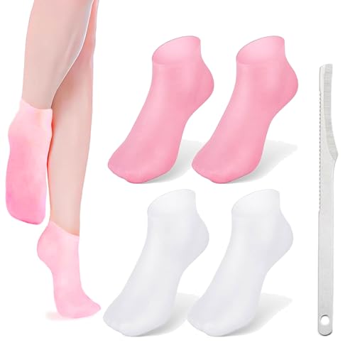 Toulifly Meias de silicone para pés, 2 pares meias de medicina para spa, meias de silicone hidratante mulheres, reutilizável meias de silicone mulher para pele seca rachada do pé