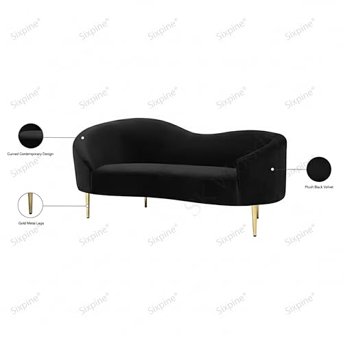Image of Rosewood Luxury Curved Sofa in Premium Velvet-Fabric | Solid Wood Structure | High Density Foam | Sturdy Golden Legs | Comfortable & Stylish Couch for Living Room (Black, 2 Seater)