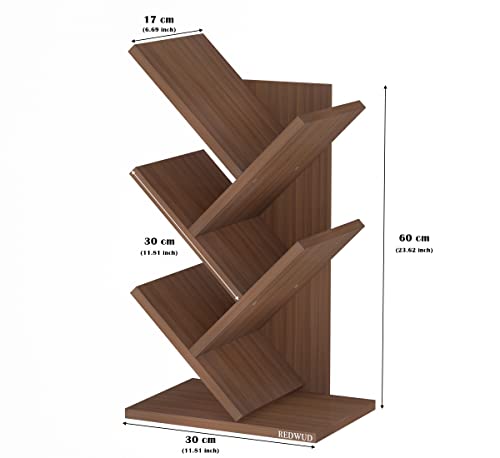 Redwud Caliper Engineered Wood 5-Tier Floor Standing Tree Bookcase/Wooden Bookshelf/Tree Shaped Book Shelf/Space Saving Display Storage Rack Books Holder in Living Room Office - Walnut