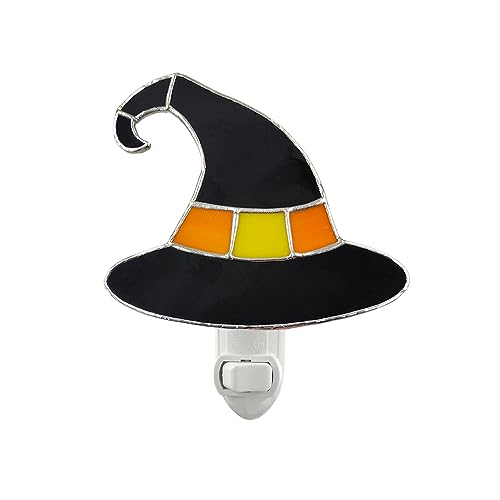 Image of CHEZBABY Stained Glass Night Light Plug into Wall Lamp Decorative Accent Nightlight for Hallway Bedroom Bathroom Kitchen Home Halloween Decor(Witch Hat Yellow)