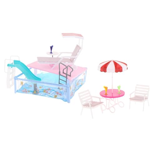 Baoblaze Set da Piscina per Bambole Giocattolo per Bambini con Scivolo, ombrellone da Spiaggia, Sedia Simulazione Giocattoli da Bagno per Bambole Fino a 30 cm,