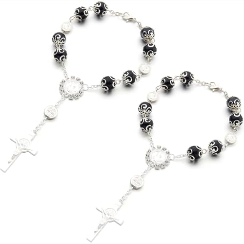 2 PCS Car Rosary for Rearview Mirror, Personalized Blessing Rear View Mirror Hanging Decors, Auto Rearview Mirror Rosary Pendant, Car Interior Hanging Accessories for Woman Men (black)