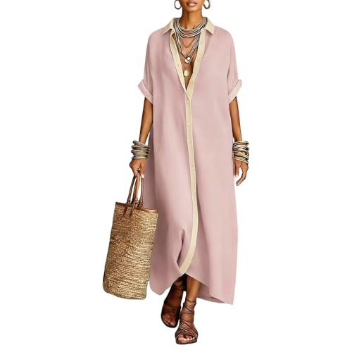 Robe longue boutonnée coton et lin à manches courtes chic