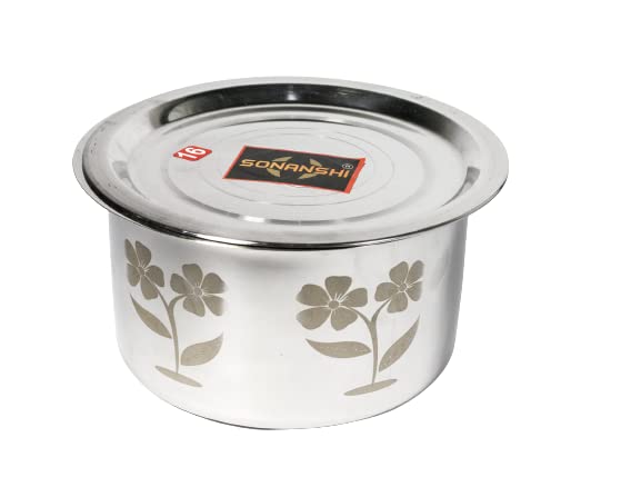 Sonanshi Stainless Steel Flower Laser Print Patila/Bhagona/Tapeli/Handi/Pot with LID (1.5 Litre)