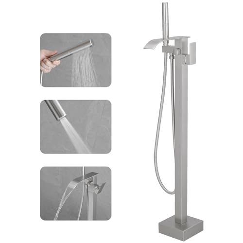 RUMOSE Tub Filler Freestanding Bathtub Faucet Brushed Nickel Floor Mount Tub Faucet Waterfall Bathtub Filler with CUPC Certified High Flow Brass Bath Shower Faucets with Handheld Sprayer