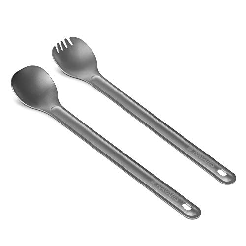 Navaris Long Handle Titanium Spork And Spoon - 8.4" (21.5Cm) Long Metal Cutlery Set For Backpacking And Camping - Strong Lightweight - Includes Bag #TOP4