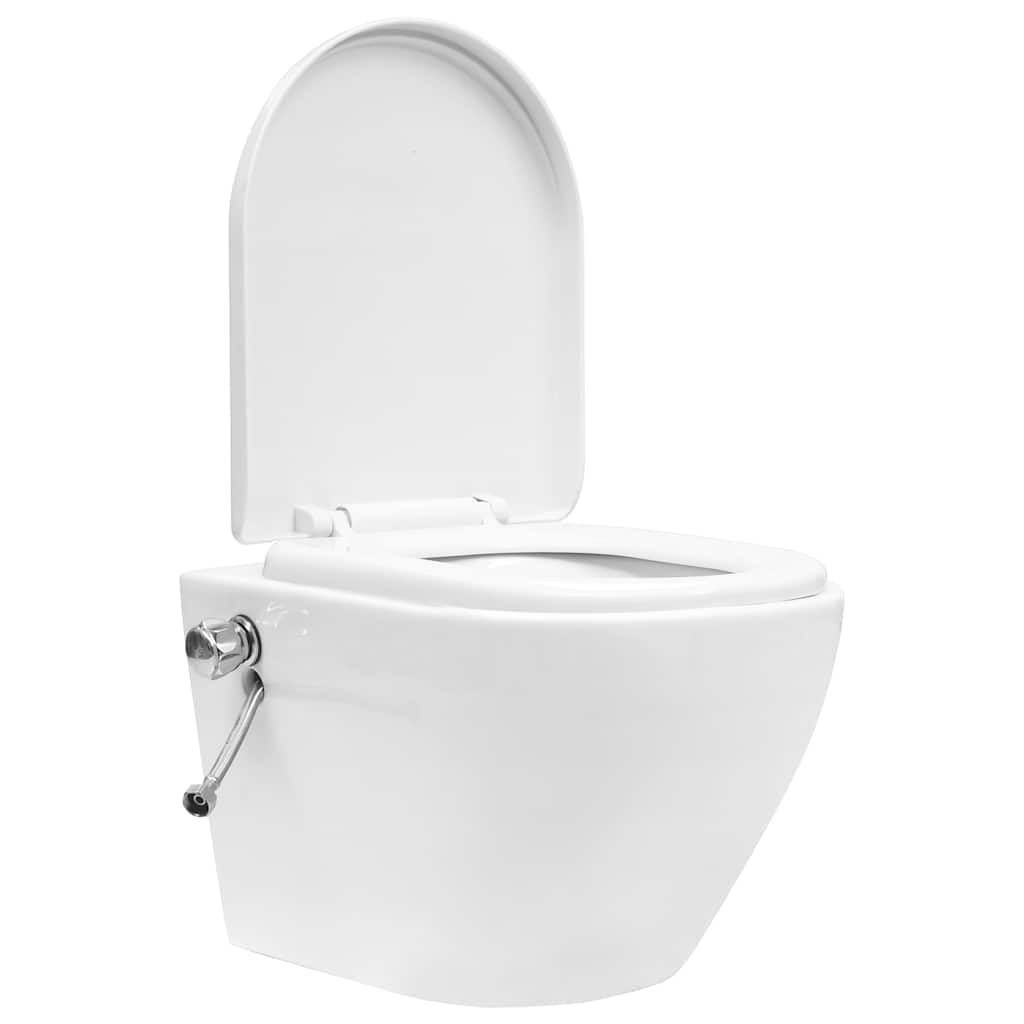 Toaleta ścienna bez krawędzi z białym ukrytym ceramicznym zbiornikiem, miękkie zamknięcie, ekonomiczne podwójne spłukiwanie 3-4,5L/6-9L, toaleta z wbudowaną dyszą bidetową, powierzchnia