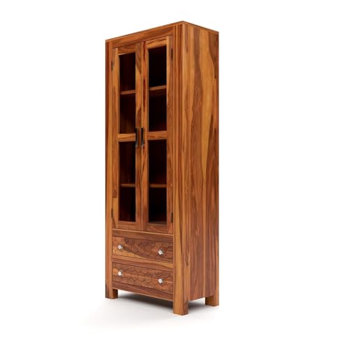 Image of Sheesham Wood Bookcases with 4 Shelves 2 Drawer - Wooden Kitchen Crockery Cabinet for Dining Room Kitchen with Glass Door Book Shelf Wooden Rack for Living Room (James Honey)