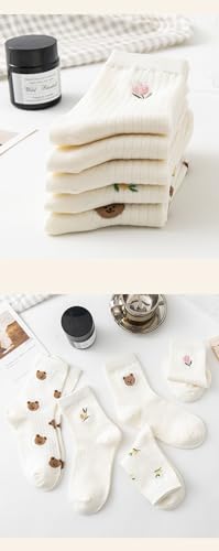 Tooe Women's 5 Pairs Bear Preppy Cute Crew Socks Kawaii Fairycore Flower Knitting Ankle Socks Cutecore Soft Cotton Socks 6