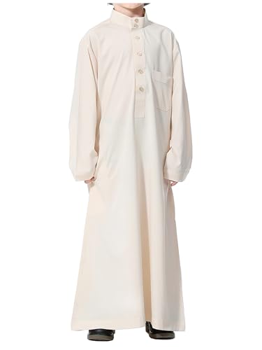 WSPLYSPJY Kids Boys Solid Color Thobe Muslim Robe Long Sleeve Arab Kaftans with Pocket