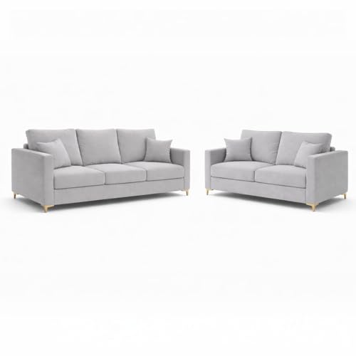 Image of Hayes Rich Velvet Suede 3 Seater + 2 Seater Sofa Set with Ottoman | Golden Aesthetic Legs | 6 Person Seating Capacity | Spacious Soft Touch Comfort | Modern Living Room Sofa (Light Gray)