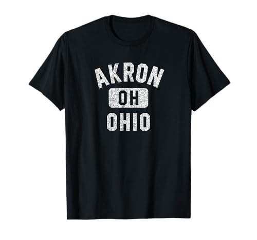 Akron Ohio Gym Style Distressed White Print T-Shirt