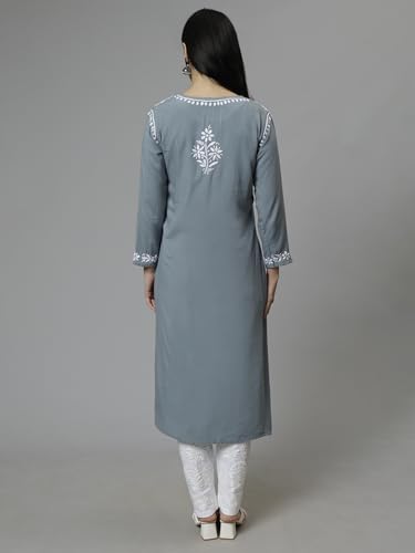 Image of Seva Chikan Hand Embroidered Lucknowi Chikankari Rayon Straight Kurta for Women SCL4532