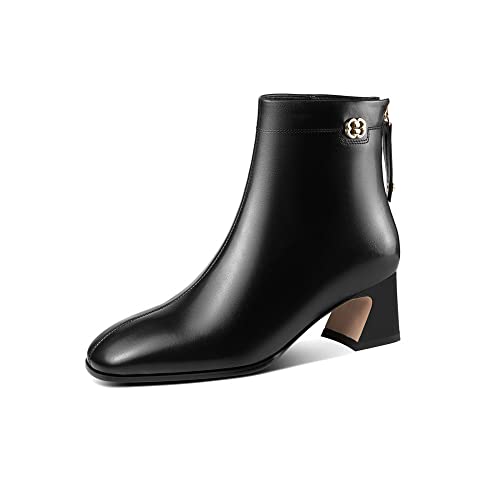 TinaCus Women's Genuine Leather Square Toe Handmade Back Zipper Low Chunky Heels Casual Ankle Boots