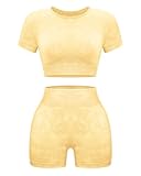 OLCHEE Womens Workout Sets 2 Piece - Seamless Acid Wash Yoga Outfits Leggings Shorts and Crop Top Matching Gym Activewear Athletic Clothing Set - Yellow Medium