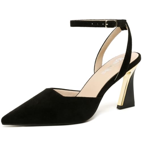 Image of RIBONGZ Comfortable Kitten Heels for Women Pointed Closed Toe Ankle Strap Buckle Heels Slip on Low Heel Church Pumps Wedding Bridal Party Dressy Shoes
