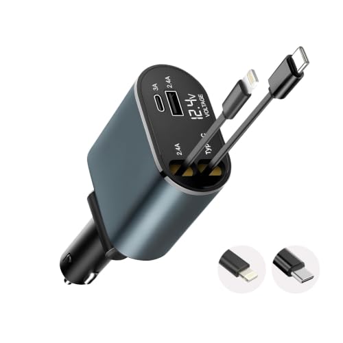 Image of Prolet 120W 4 in 1 Car Charger with 2 Retractable Cable (Type C & iPhone), 1 USB & 1 Type C Port- Universal Car Charger Compatible with All Android & iPhone Series 17 /16 / 15 /14 / 13 /12 / 11