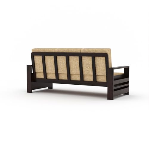 Image of Sheesham Wooden 5 Seater Sofa for Living Room | Rosewood 5 Seater Cushion Sofa with Side Rack | Solid Wood Sofa Set for Lounge (3+1+1,Walnut)