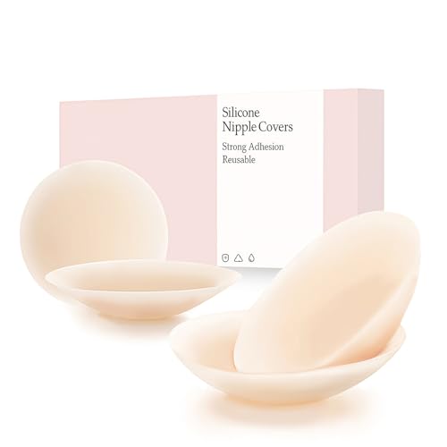 2 Pairs Nipple Covers for Women, Sticky Adhesive Pasties Bra, Invisible Reusable Silicone Nipple Covers for Tights,Strapless Dresses Nude