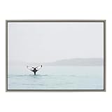Kate and Laurel Sylvie Whale Tail in The Mist Framed Canvas Wall Art by Amy Peterson, 23x33 Gray, Coastal Animal Home Decor