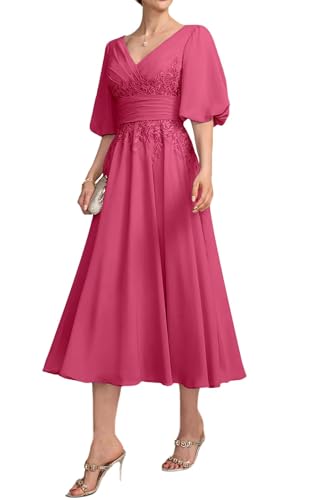 Lace Appliques Mother of The Bride Dresses for Wedding 1/2 Sleeve Tea Length Formal Evening Gown