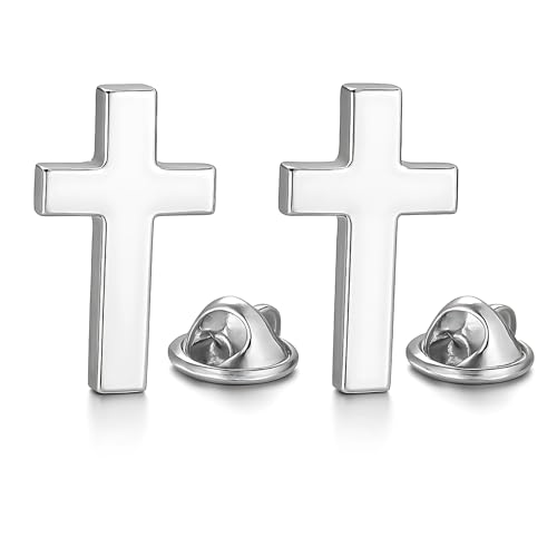 Lote de dos pinos de cruz cristiana plateada | Grabado láser en la espalda | Pines católicos Jesús 3D color plata| Pin de solapa religiosa católica | Broche para hombre y mujer, Unique, Zinc, Ninguno