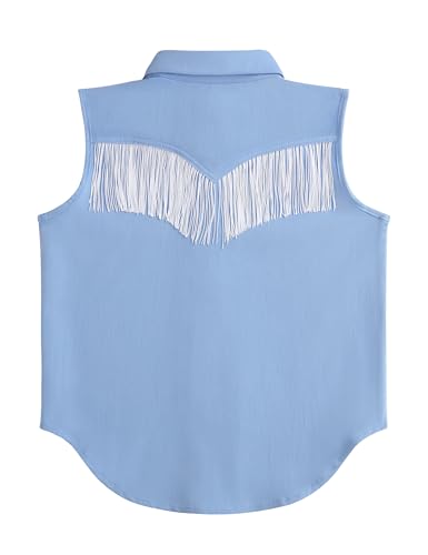 Image of Girls Fringe Shirt Sleeveless Button Down Western Cowgirl Tassel Trim Casual Blouse Shirt Top 4-13Y