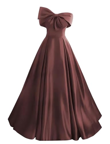 Off Shoulder Prom Dresses Satin Long Ball Gowns for Women Bowknot A Line Formal Wedding Party Gown with Pockets