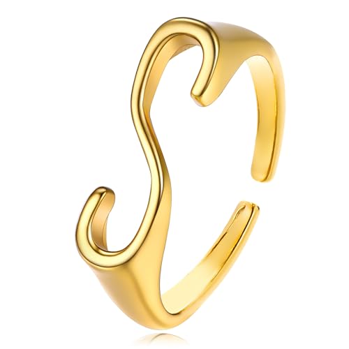 REELMAR Gold Bold Adjustable Initial Ring for Women Chunky Name Letter Open Ring Alphabet Signet Stacking Rings Statement Jewelry
